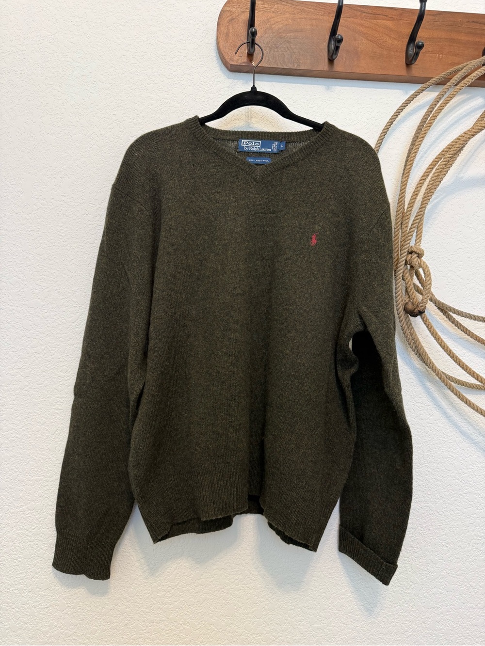 Vintage 90s Polo Ralph Lauren Olive Lambswool V-Neck Sweater (L)